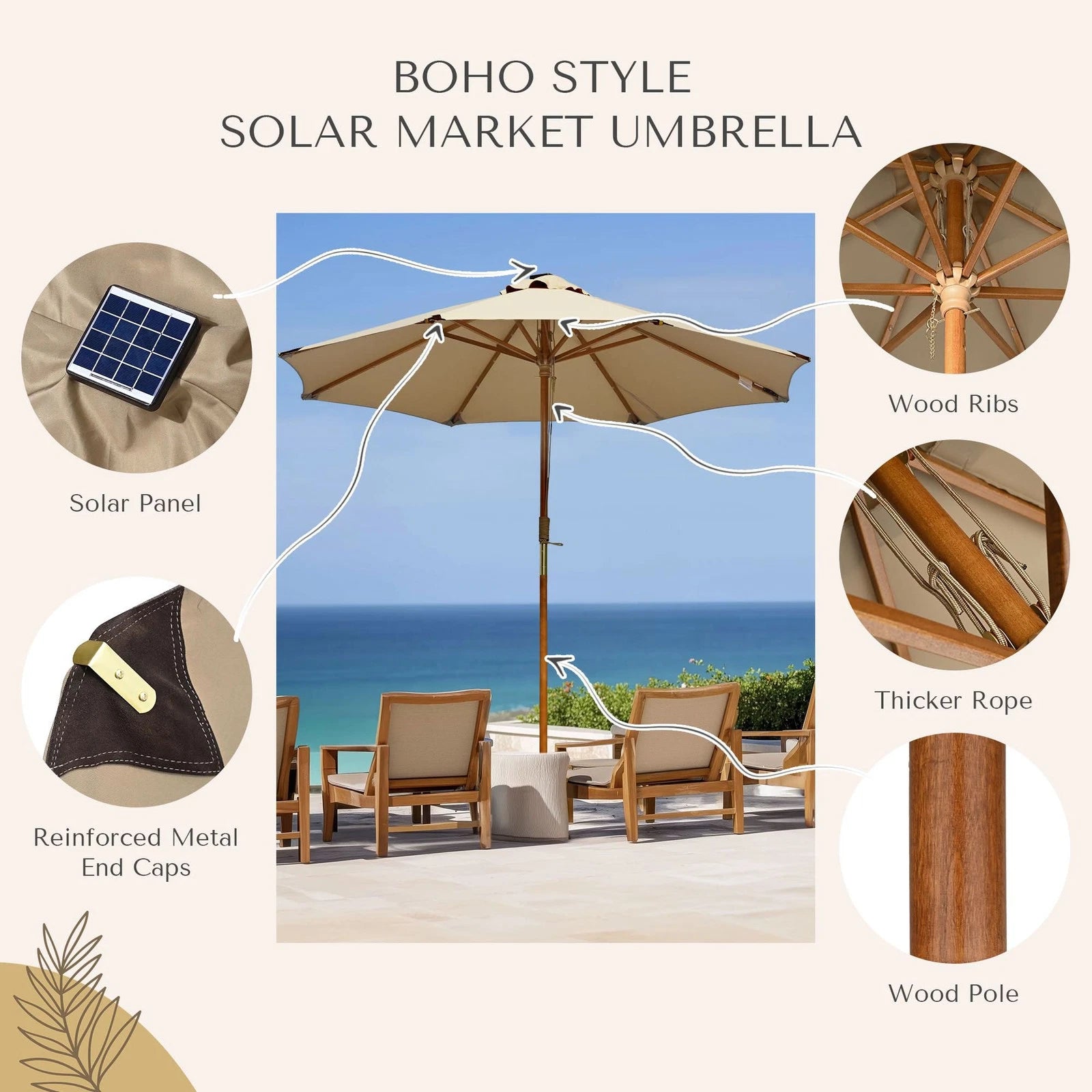 LAGarden Boho 32 LED 9Ft Wood Market Patio Umbrella with Solar Lights Mocha