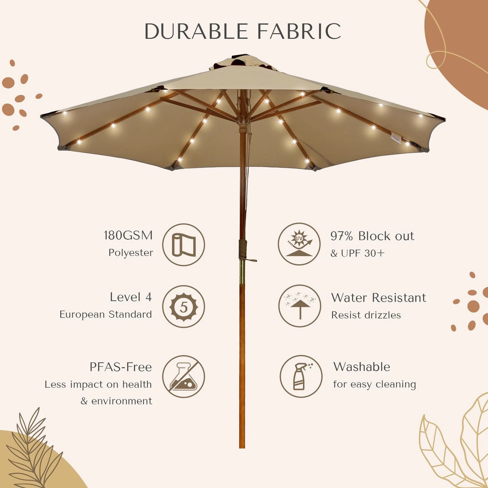LAGarden Boho 32 LED 9Ft Wood Market Patio Umbrella with Solar Lights Mocha