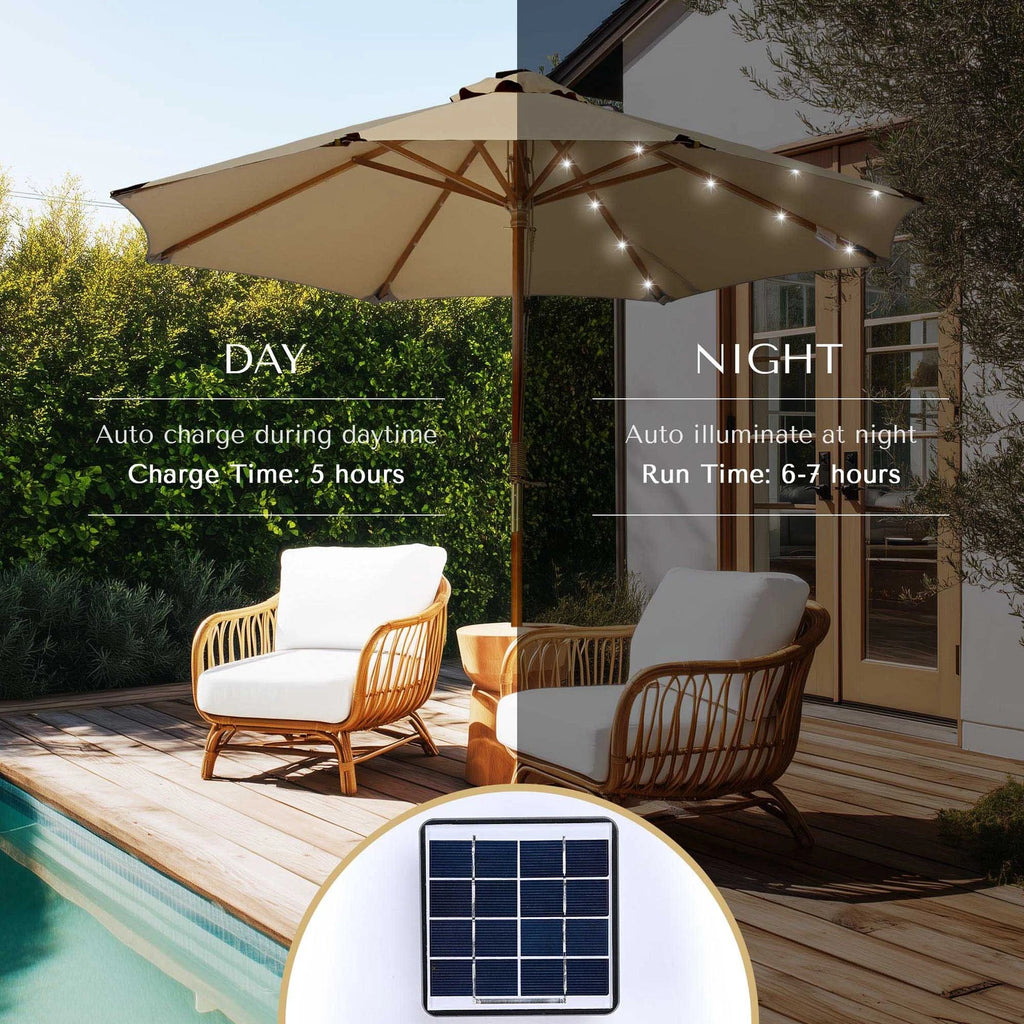 LAGarden Boho 32 LED 9Ft Wood Market Patio Umbrella with Solar Lights Mocha