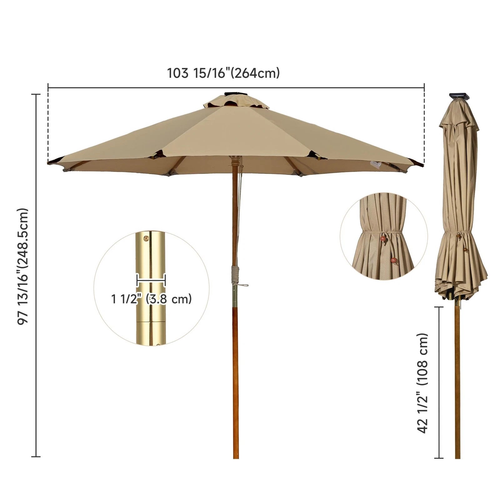 LAGarden Boho 32 LED 9Ft Wood Market Patio Umbrella with Solar Lights Mocha