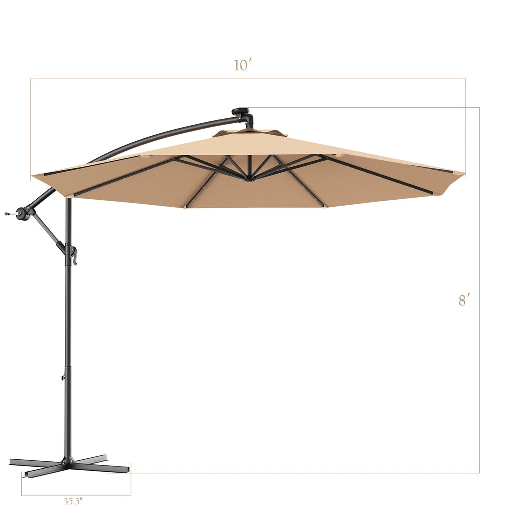 10' Hanging Solar LED Umbrella Patio Sun Shade Offset Market W/Base Beige