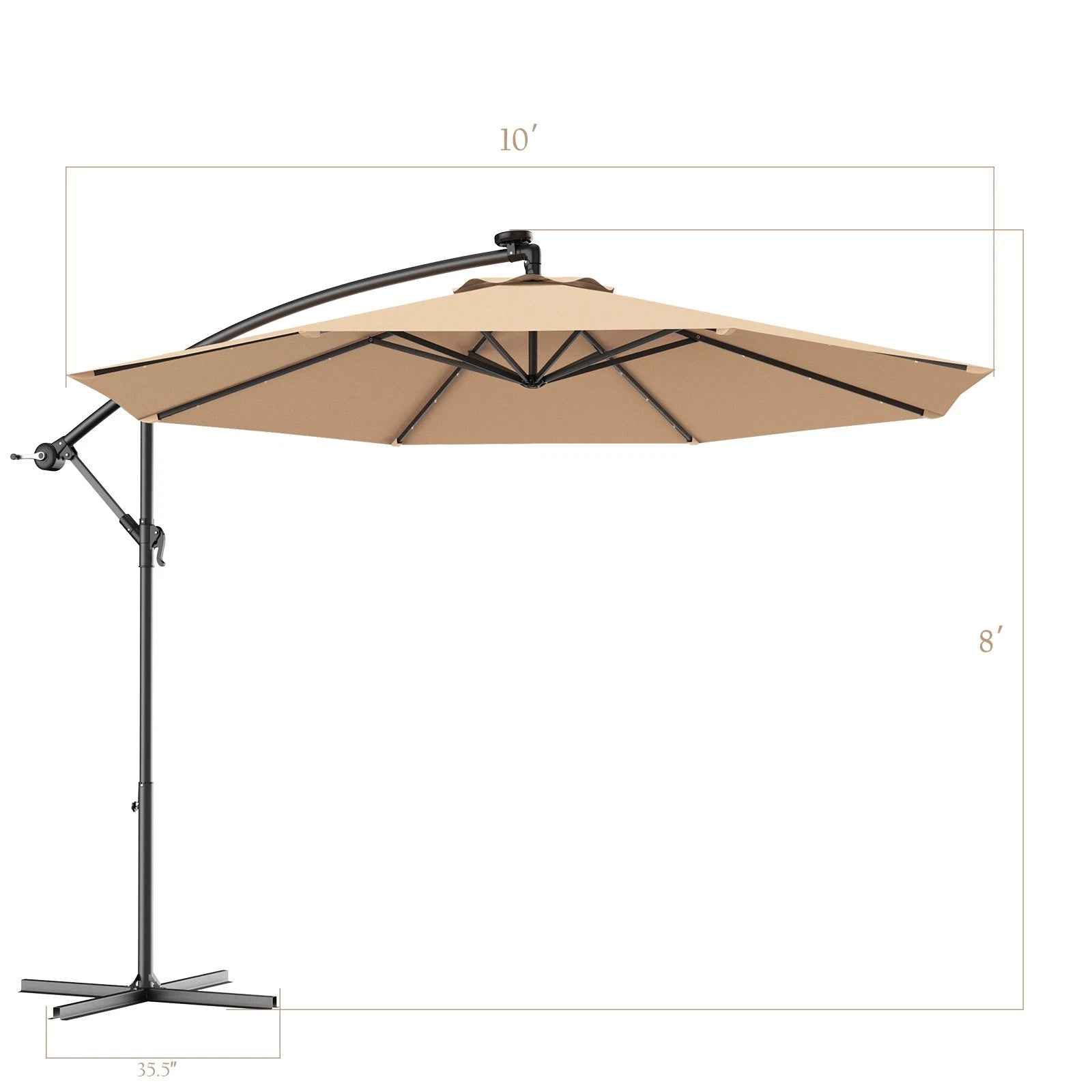 10' Hanging Solar LED Umbrella Patio Sun Shade Offset Market W/Base Beige