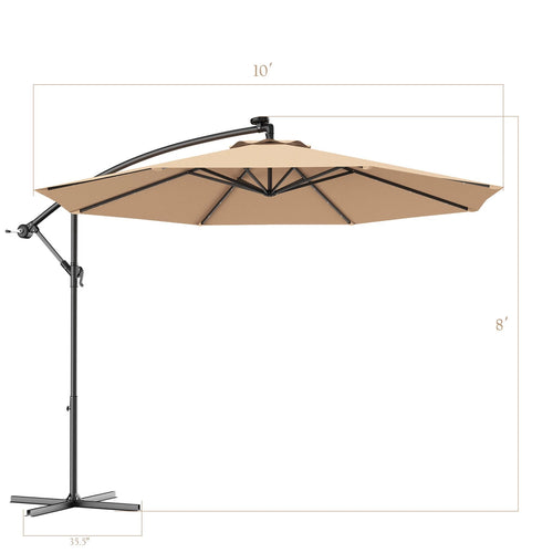 10' Hanging Solar LED Umbrella Patio Sun Shade Offset Market W/Base Beige