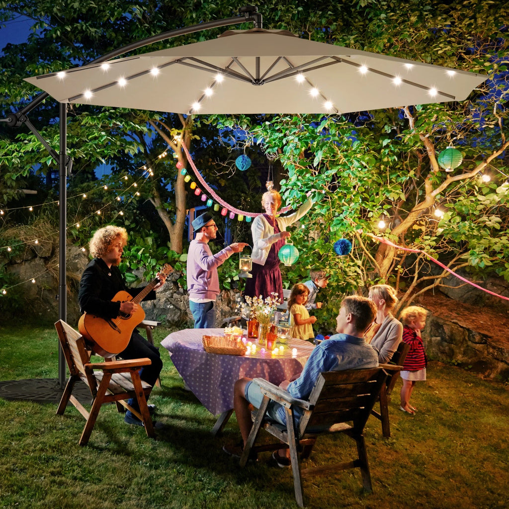 10' Hanging Solar LED Umbrella Patio Sun Shade Offset Market W/Base Beige