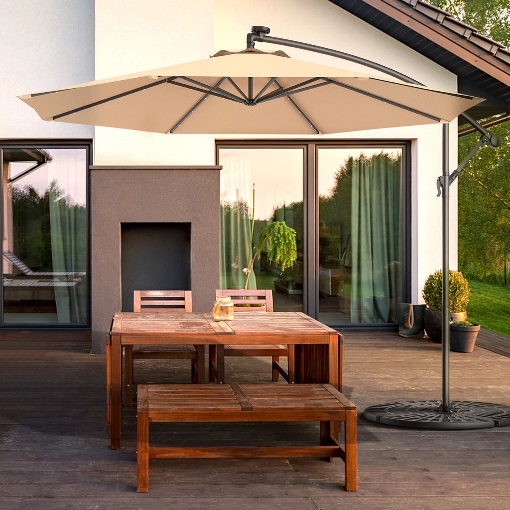 10' Hanging Solar LED Umbrella Patio Sun Shade Offset Market W/Base Beige