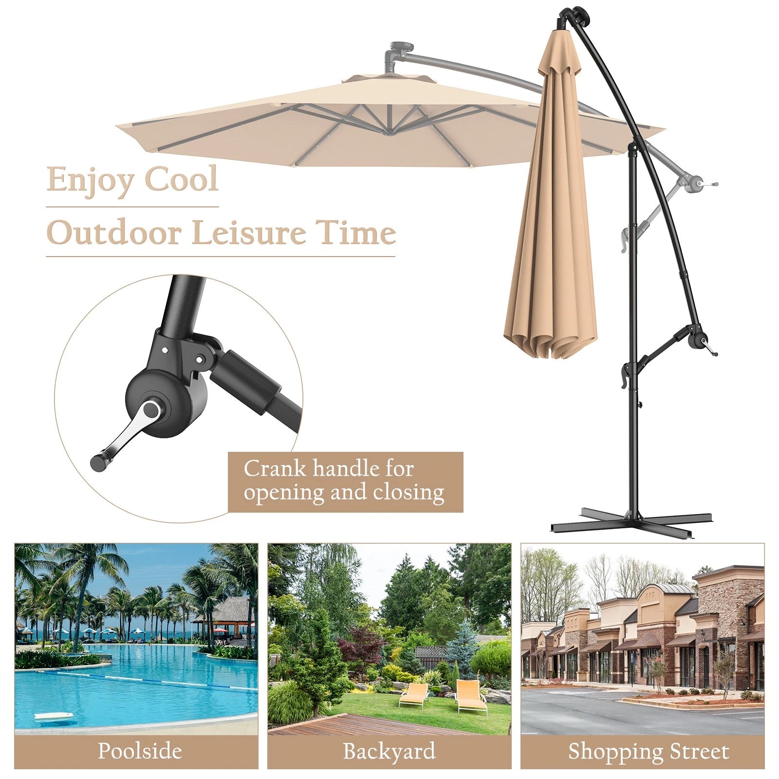10' Hanging Solar LED Umbrella Patio Sun Shade Offset Market W/Base Beige