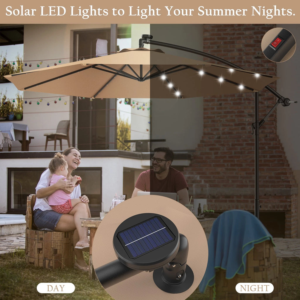 10' Hanging Solar LED Umbrella Patio Sun Shade Offset Market W/Base Beige