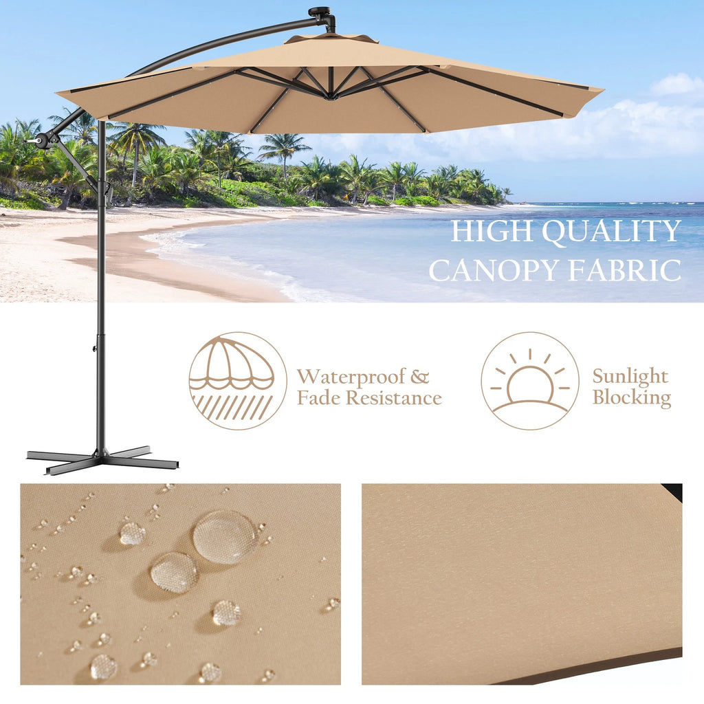 10' Hanging Solar LED Umbrella Patio Sun Shade Offset Market W/Base Beige