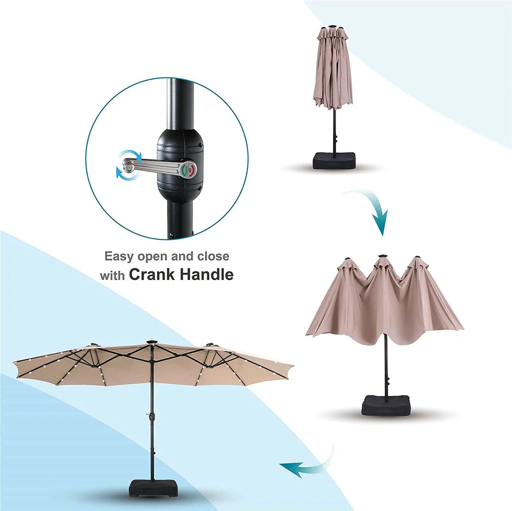15FT Patio Double-Sided Umbrella with Solar 36 LED Lights Outdoor Large Umbrella