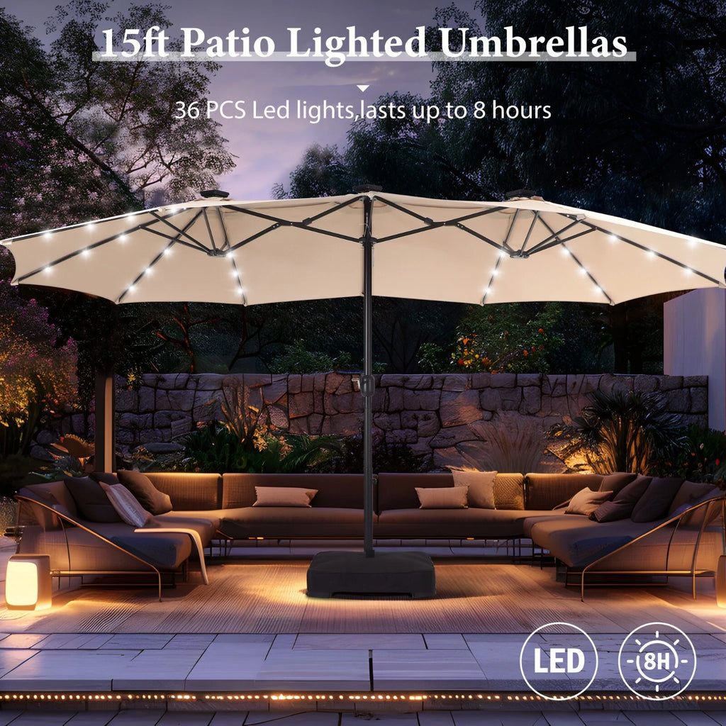 15FT Patio Double-Sided Umbrella with Solar 36 LED Lights Outdoor Large Umbrella