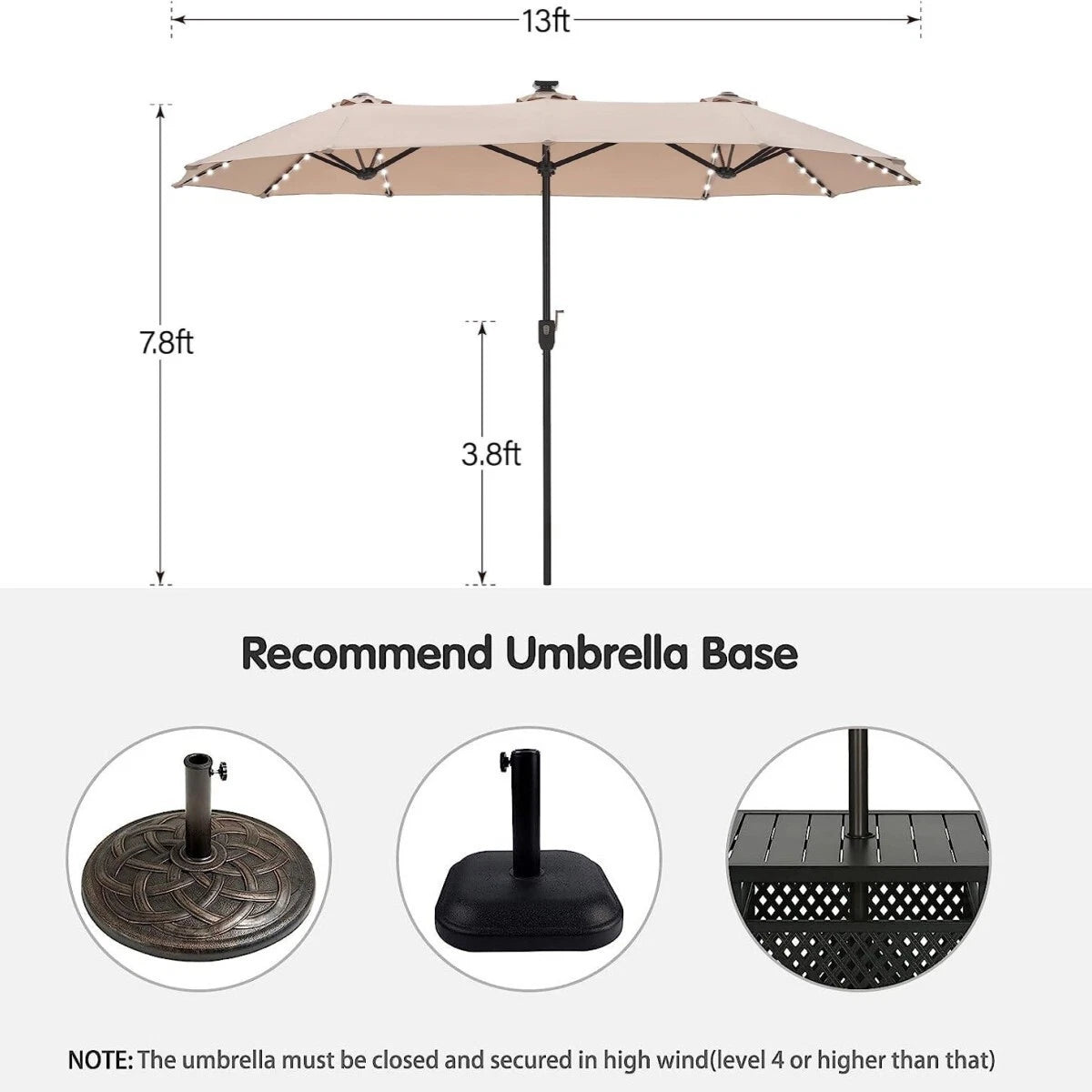 13ft Patio Umbrella with LED Solar Lights Outdoor Extra Large Umbrella Heavy Dut