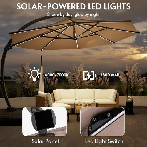 11FT Solar Powered LED Light Cantilever Patio Umbrella with Base Included, Large