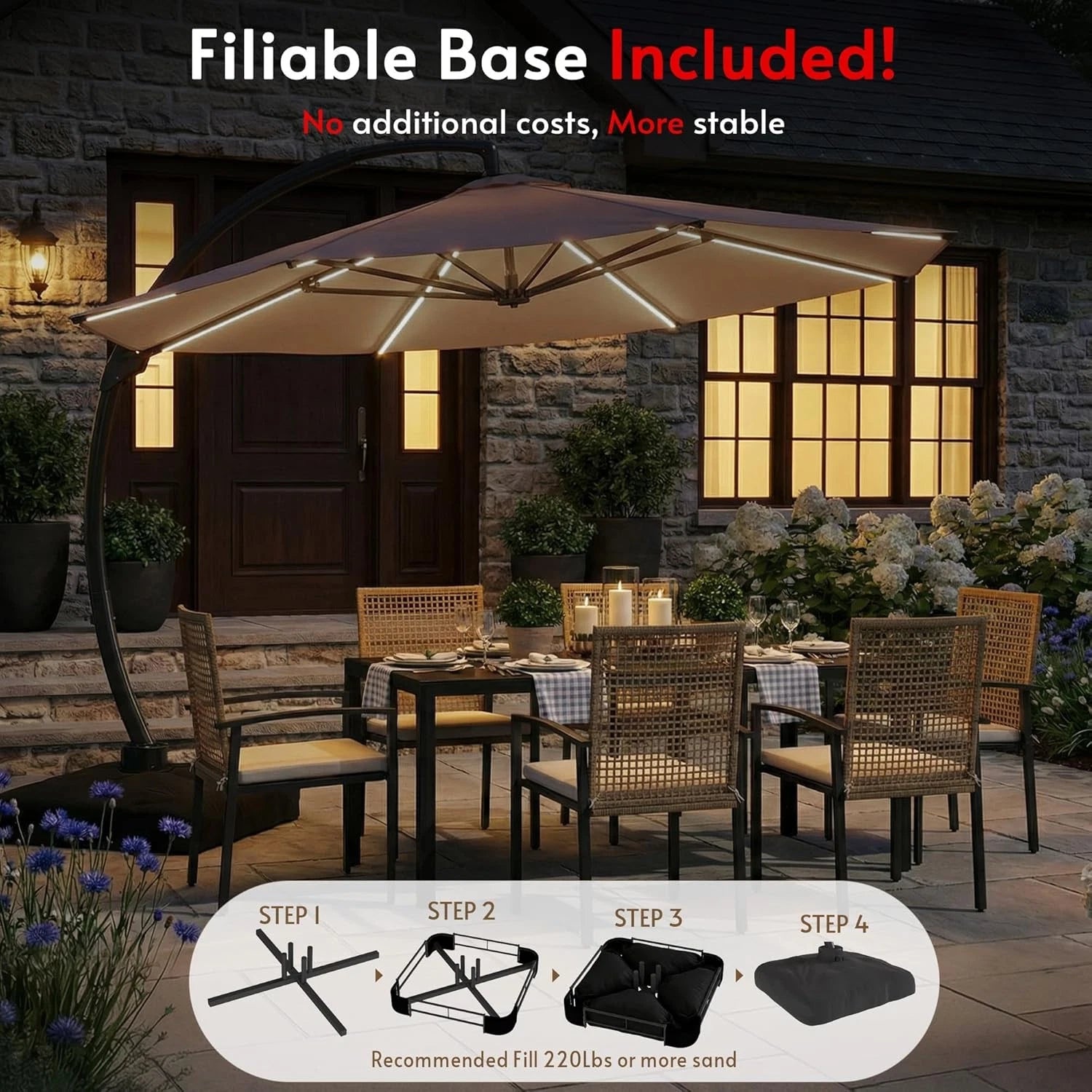 11FT Solar Powered LED Light Cantilever Patio Umbrella with Base Included, Large