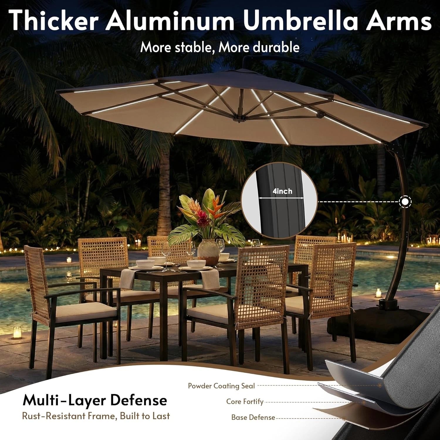 11FT Solar Powered LED Light Cantilever Patio Umbrella with Base Included, Large