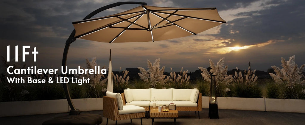 11FT Solar Powered LED Light Cantilever Patio Umbrella with Base Included, Large