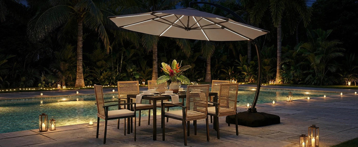 11FT Solar Powered LED Light Cantilever Patio Umbrella with Base Included, Large