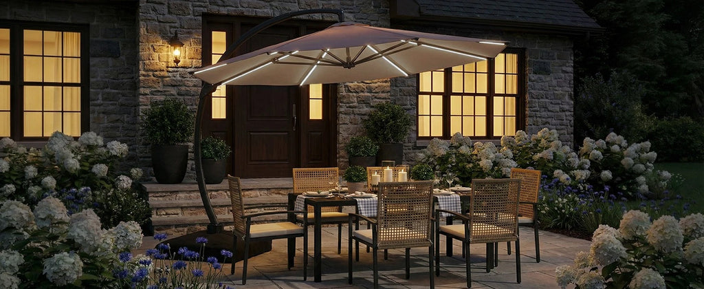 11FT Solar Powered LED Light Cantilever Patio Umbrella with Base Included, Large