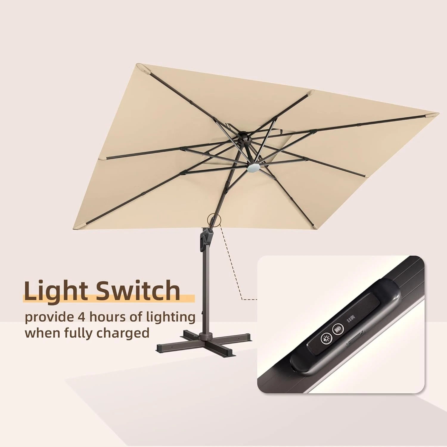 9 X 12 FT Cantilever Outdoor Patio Umbrella with Led Lights Large 360° Rotation