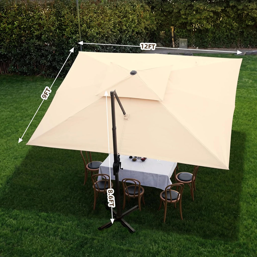 9 X 12 FT Cantilever Outdoor Patio Umbrella with Led Lights Large 360° Rotation