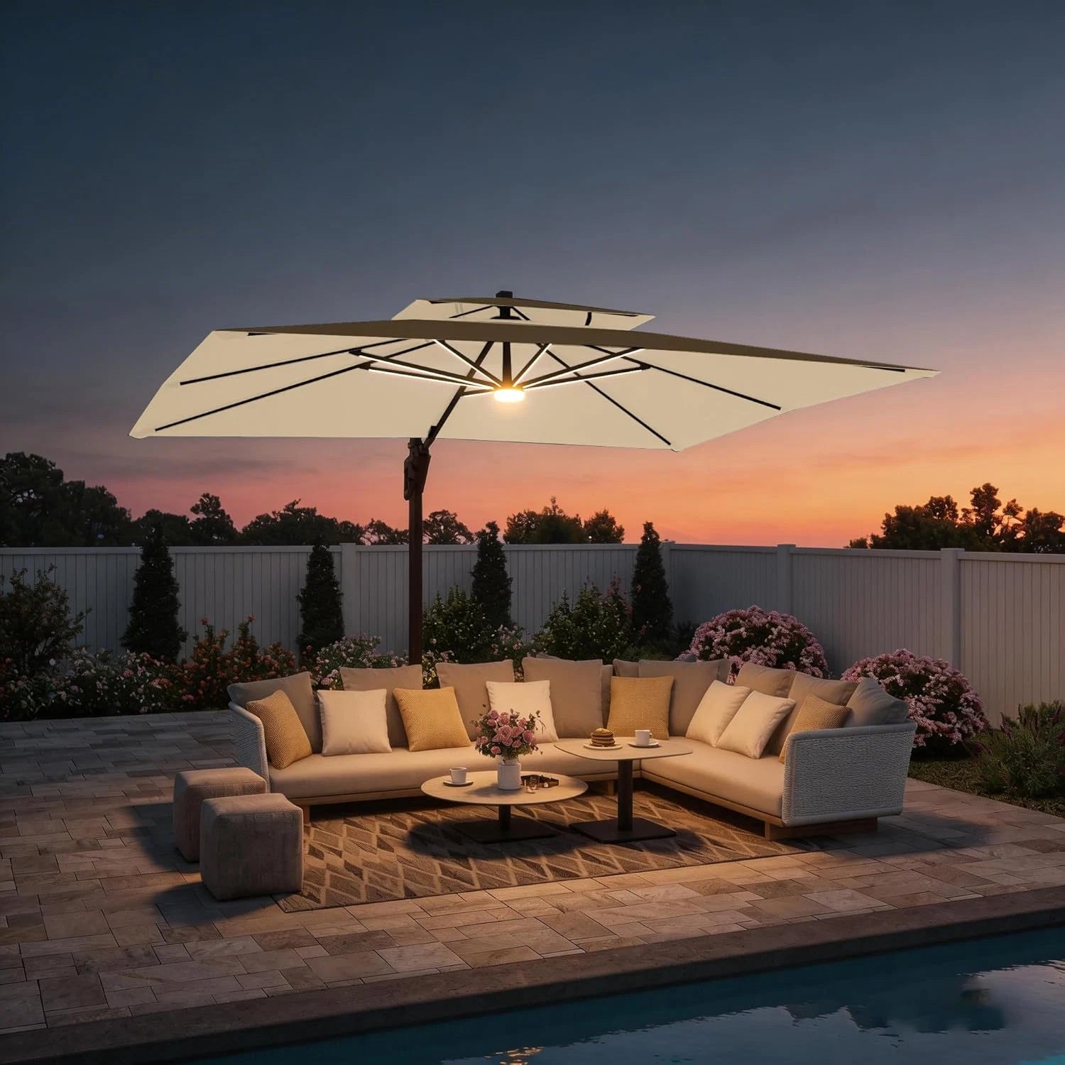9 X 12 FT Cantilever Outdoor Patio Umbrella with Led Lights Large 360° Rotation