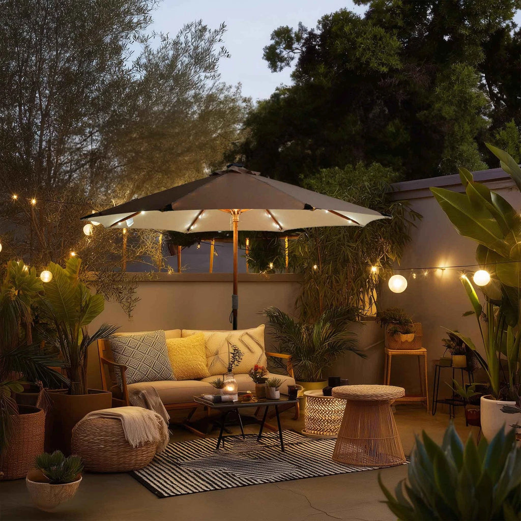 LAGarden Boho 32 LED 9Ft Wood Market Patio Umbrella with Solar Lights Mocha