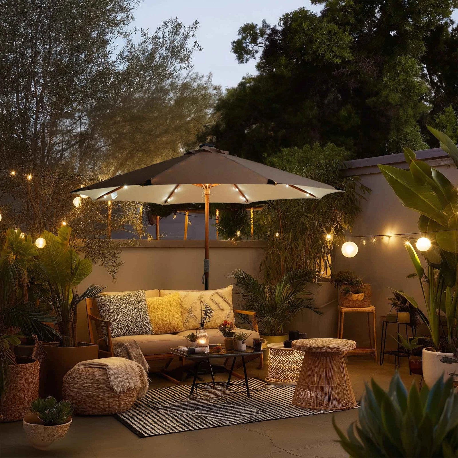 LAGarden Boho 32 LED 9Ft Wood Market Patio Umbrella with Solar Lights Mocha