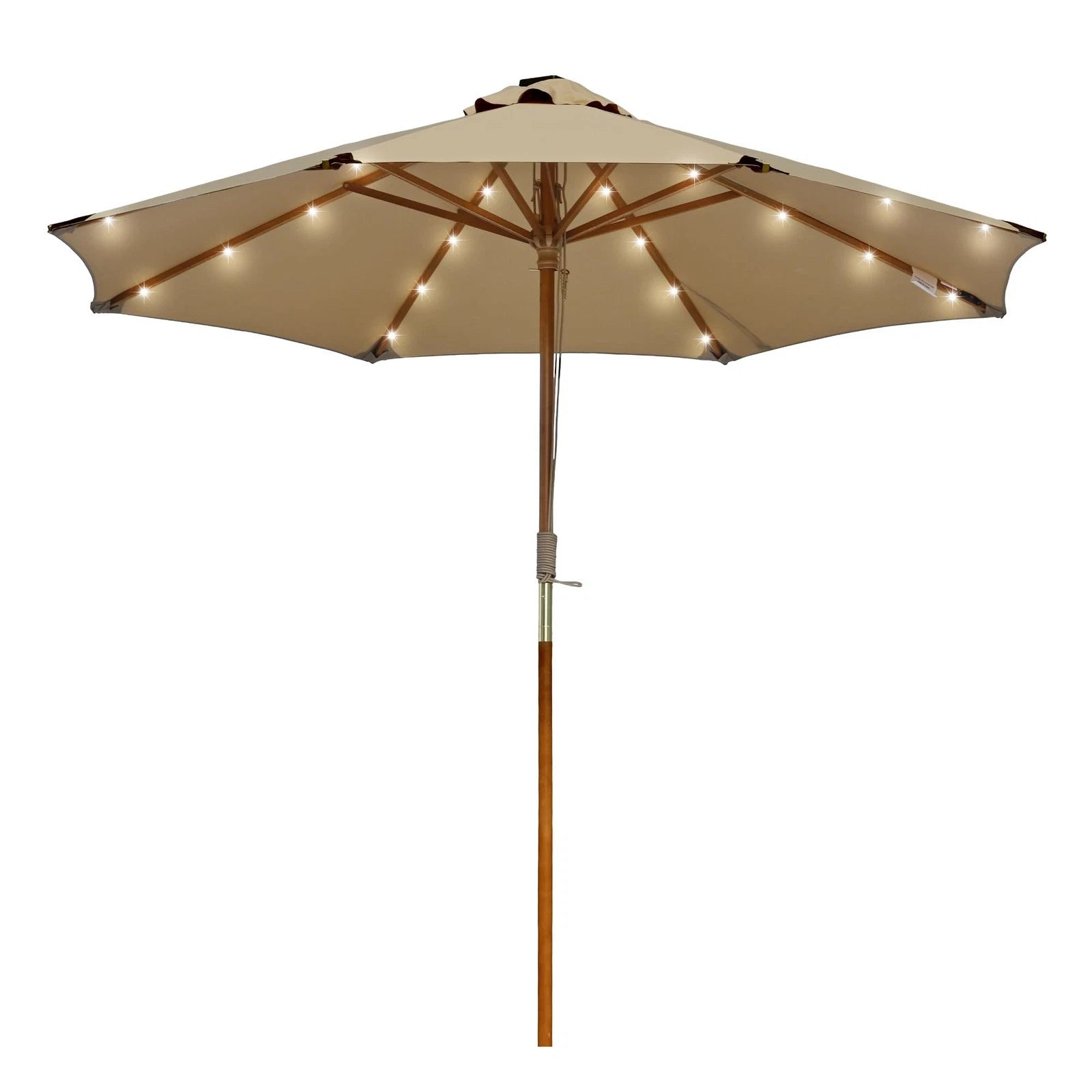 LAGarden Boho 32 LED 9Ft Wood Market Patio Umbrella with Solar Lights Mocha